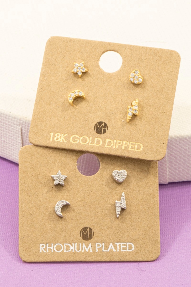 Gold Dipped Mini Star Lightning Heart Moon Stud Earrings Set