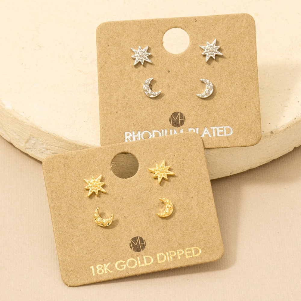 Gold Dipped Mini Star Moon Stud Earrings Set
