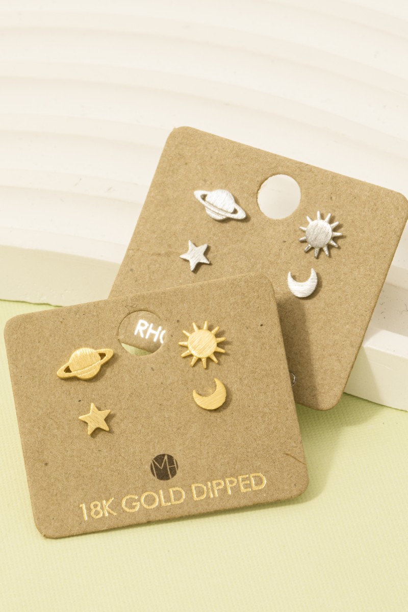 Gold Dipped Mini Planet Sun Star Moon Earrings