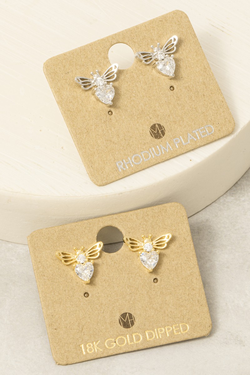Gold Dipped Cz Bee Stud Earrings