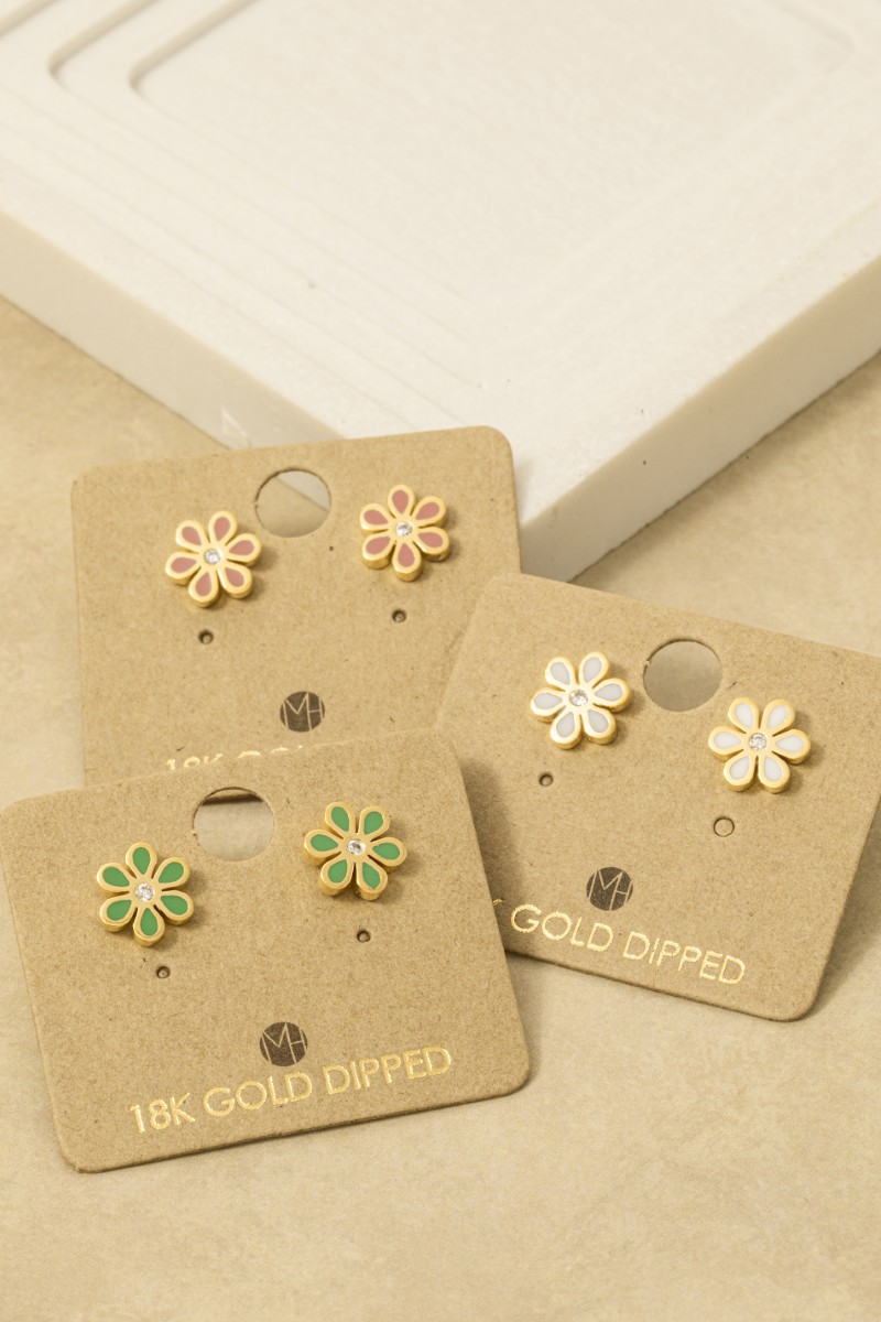 Gold Dipped Enamel Flower Stud Earrings