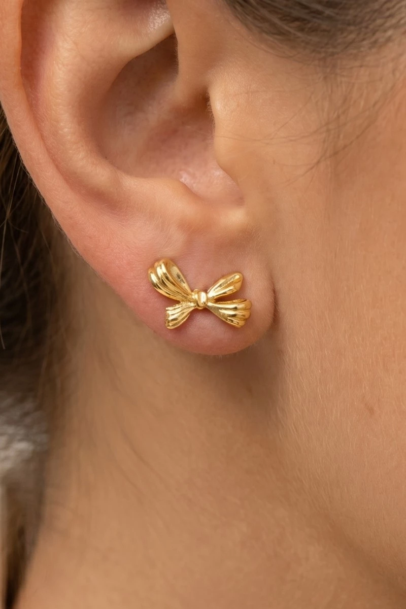 Gold Dipped Mini Ribbon Bow Stud Earrings