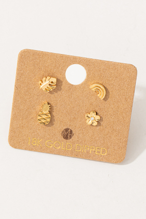 Gold Dipped Mini Monstera Leaf Pineapple Stud Earrings Set
