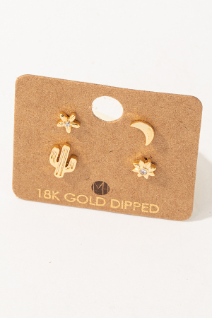 Gold Dipped Mini Cactus Flower Stud Earrings Set