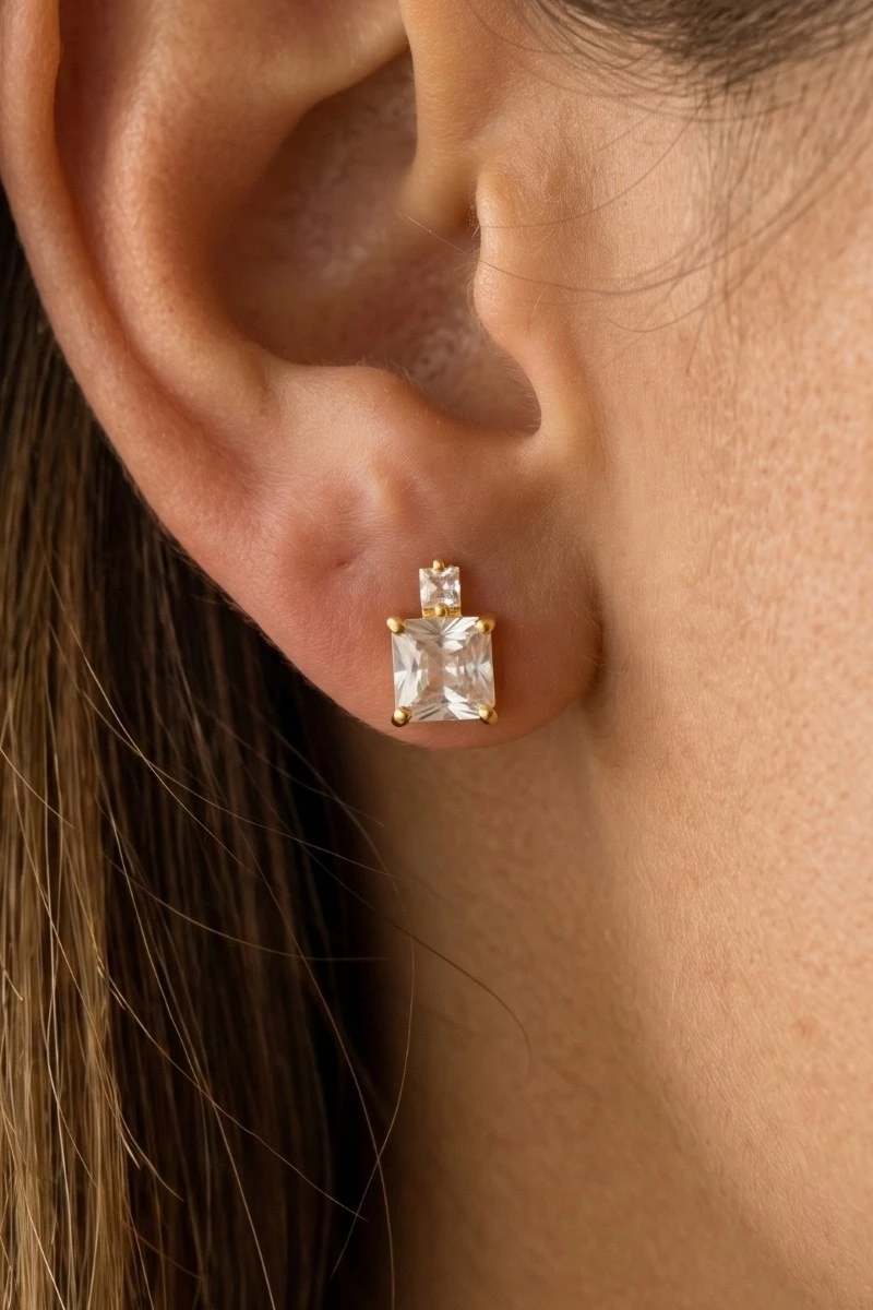 Gold Dipped Square Rhinestones Stud Earrings