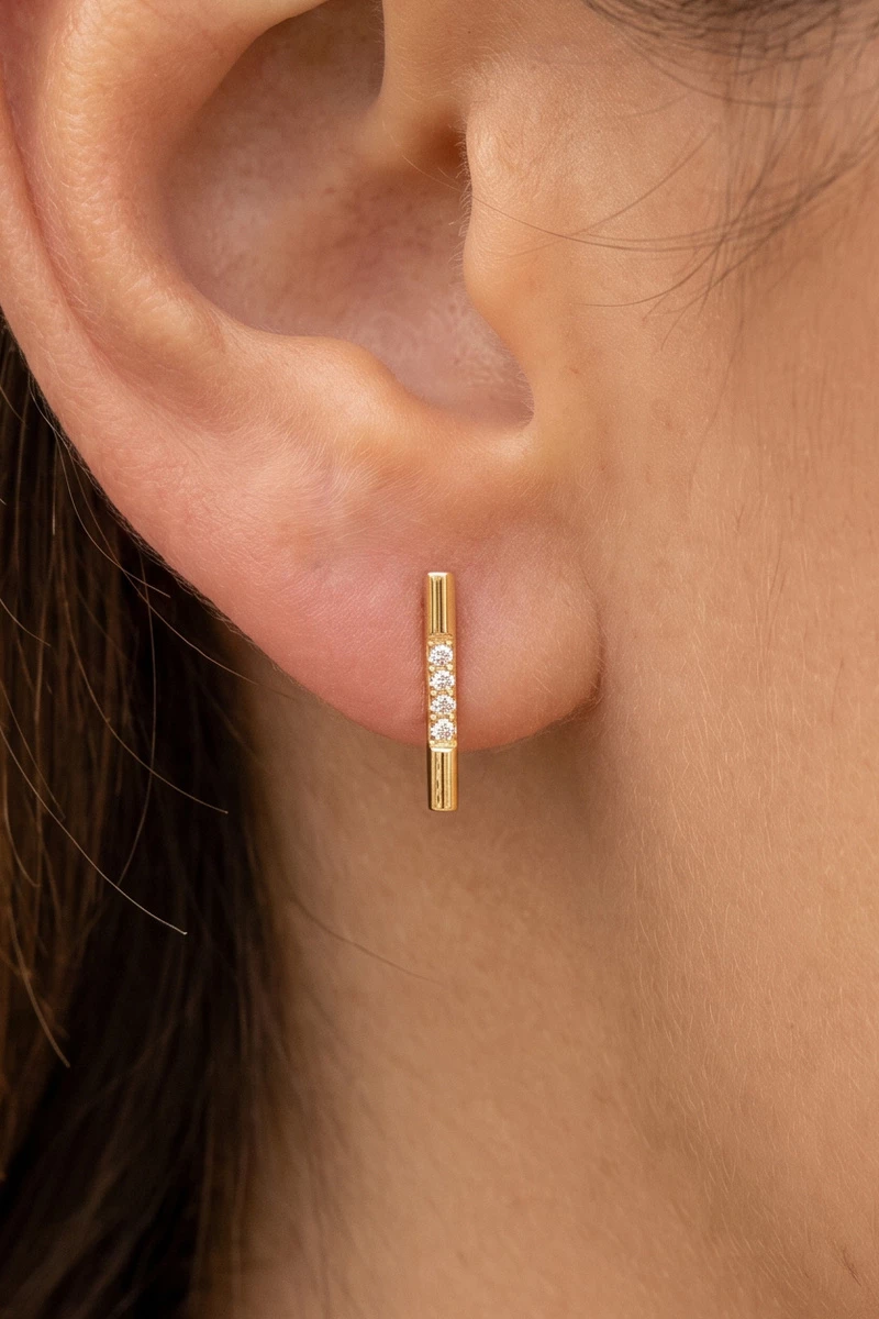 18K Gold Dipped Cz Pave Bar Stud Earrings