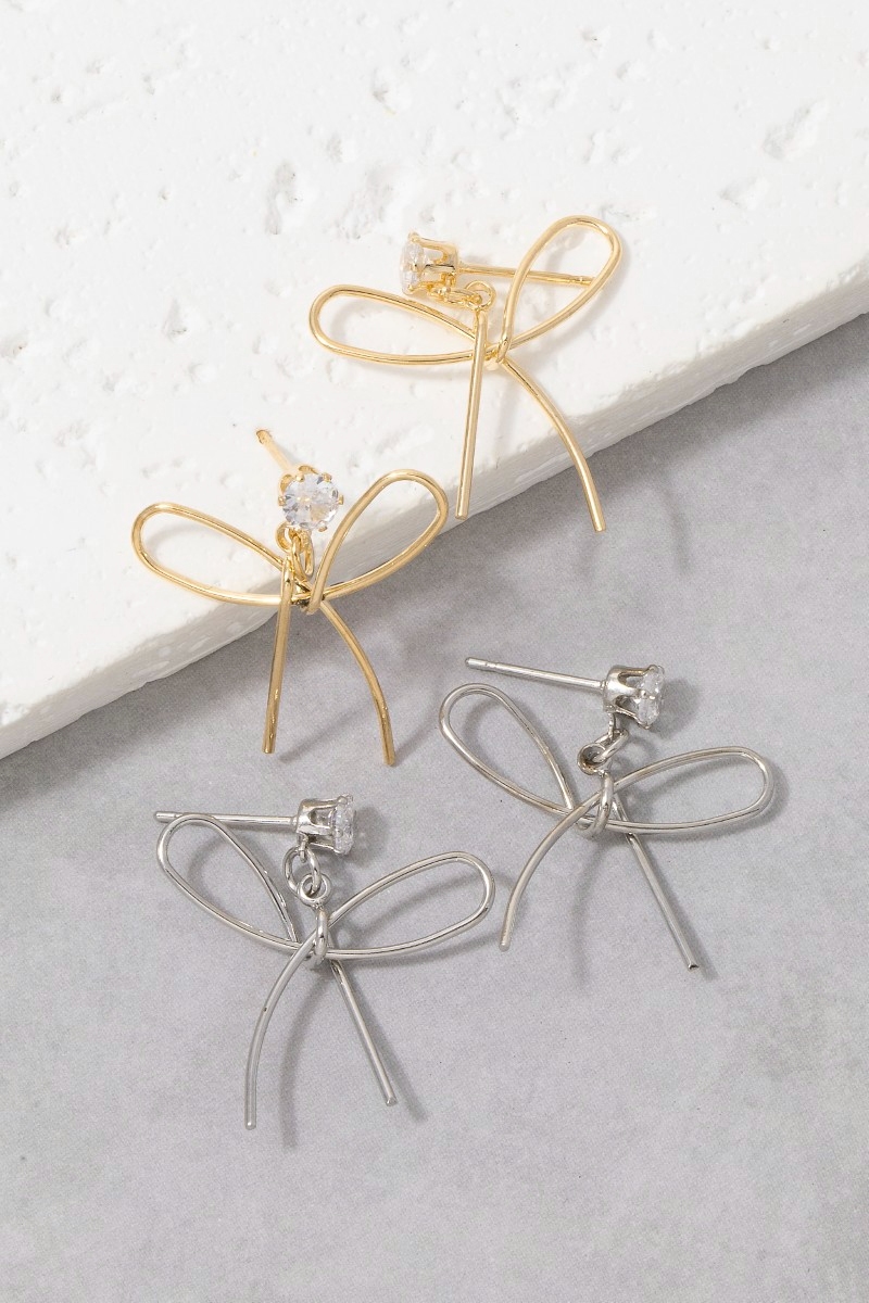 Thin Metallic Ribbon Bow Drop Earrings