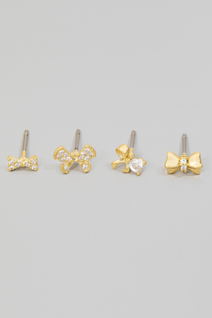 4Pc Mixed Cz Ribbon Bow Stud Earrings Set
