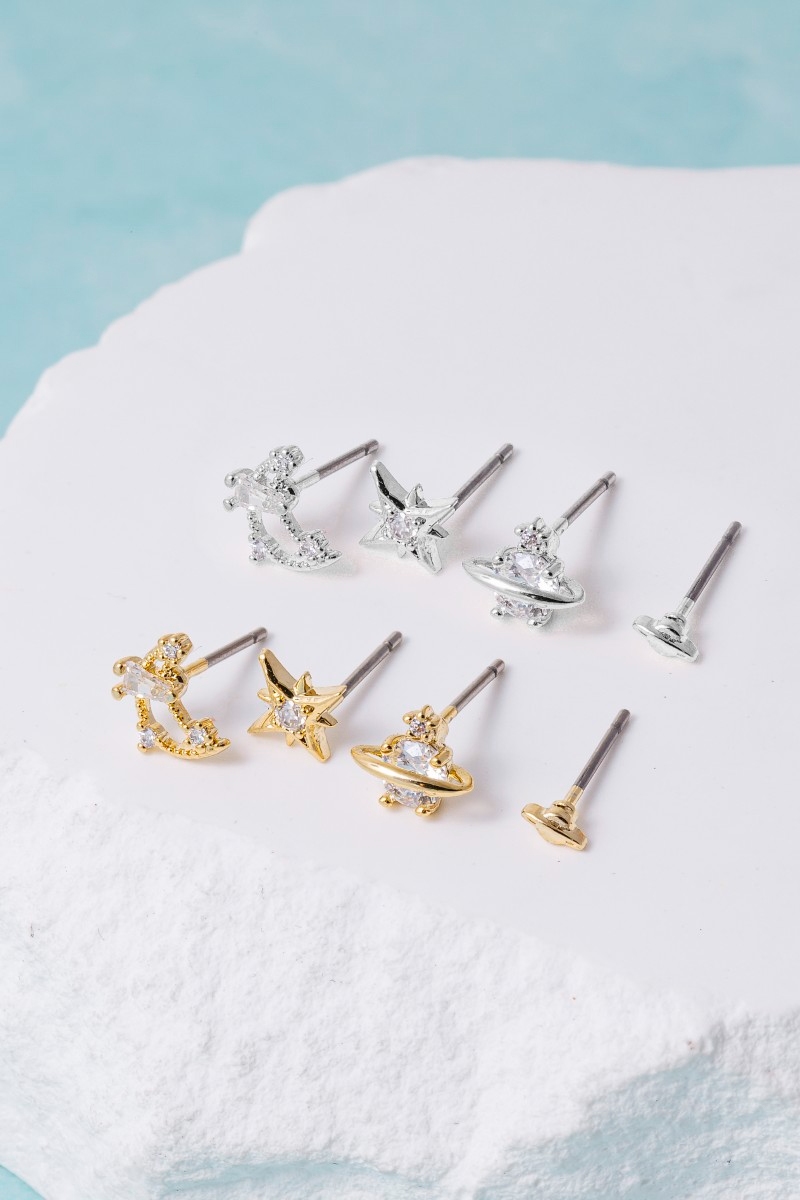 4Pc Space Theme Cz Stud Earrings Set