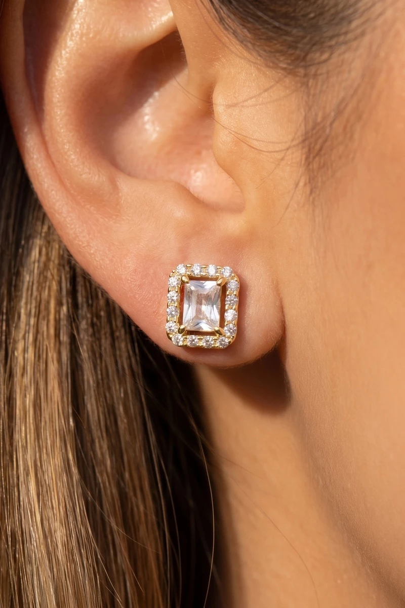 Emerald Cut Cz Pave Halo Stud Earrings