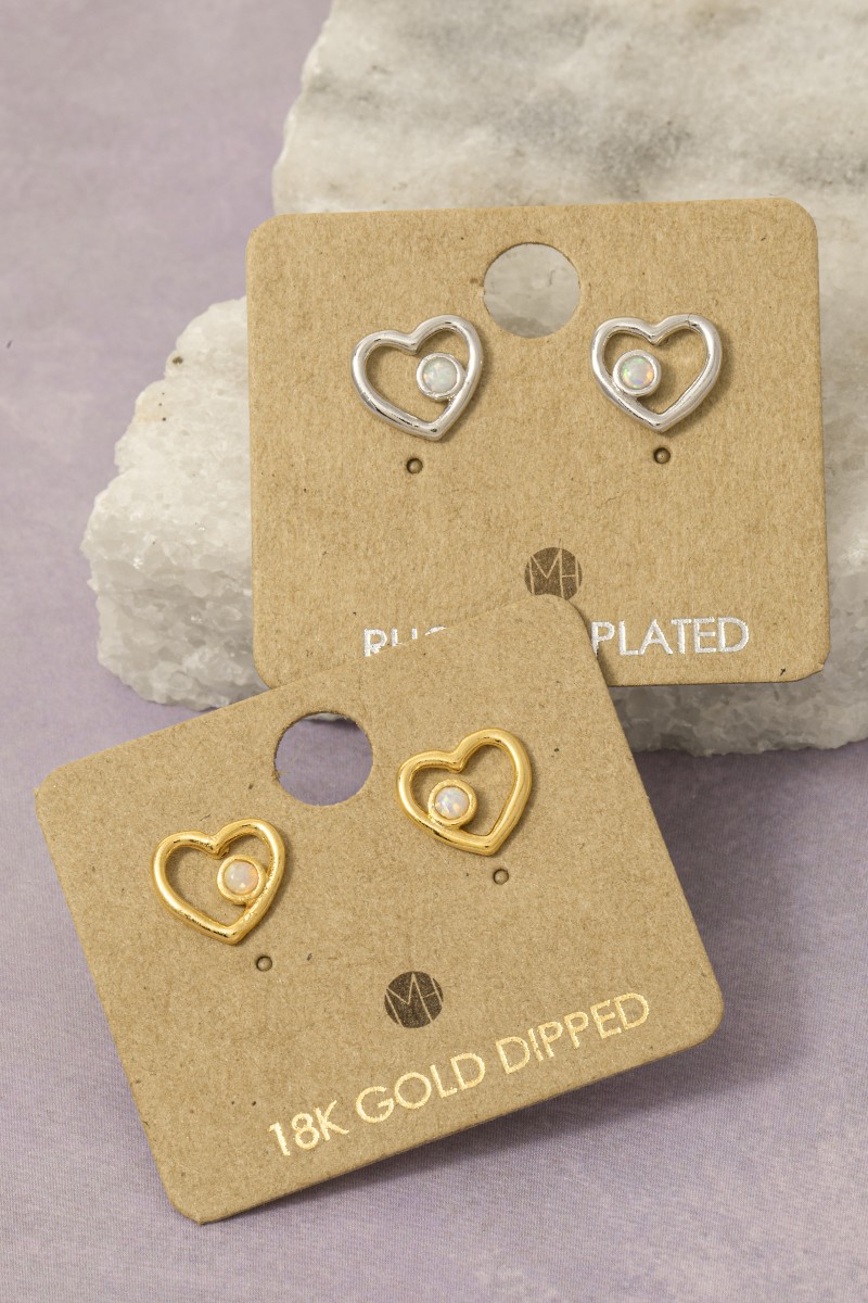 Gold Dipped Mini Heart And Opal Stud Earrings