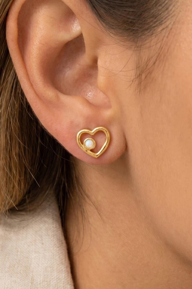 Gold Dipped Mini Heart And Opal Stud Earrings