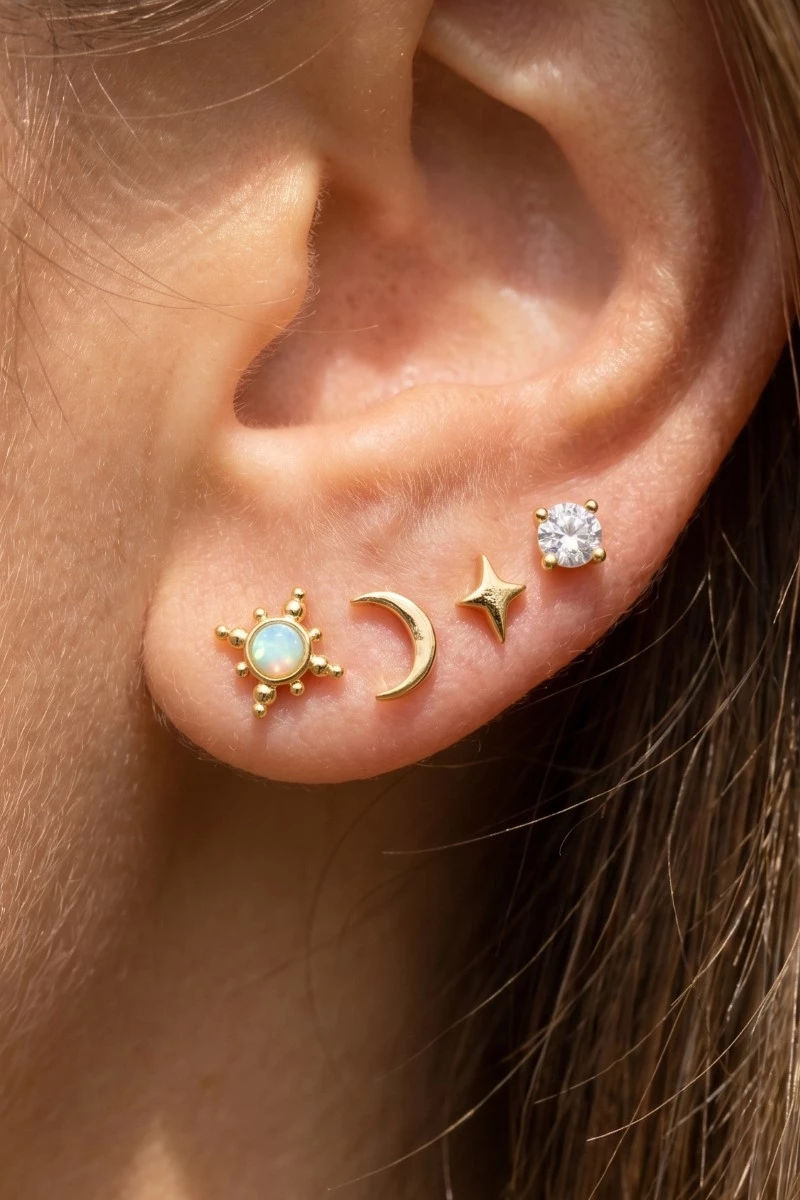 Gold Dipped 4Pc Star Moon Stud Earrings Set