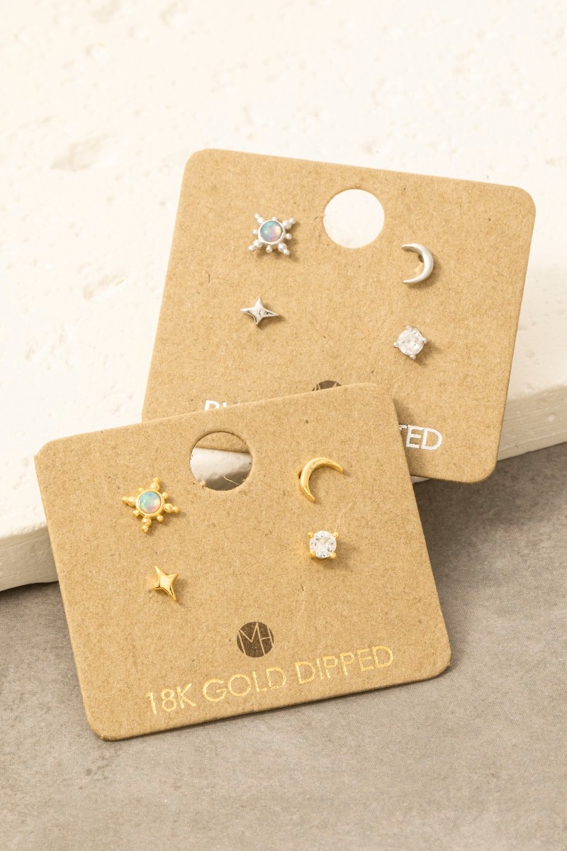 Gold Dipped 4Pc Star Moon Stud Earrings Set