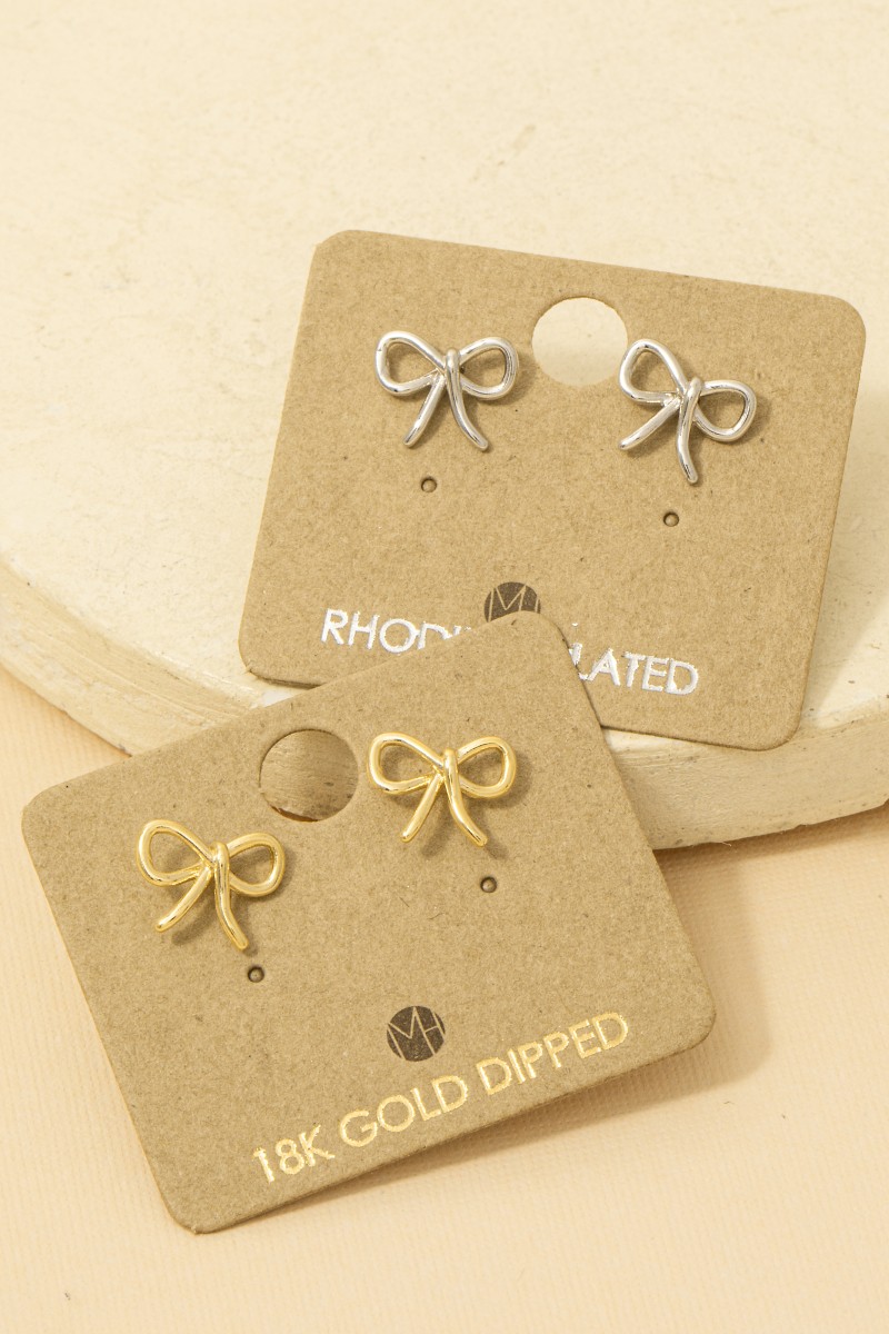 Gold Dipped Wire Ribbon Bow Stud Earrings
