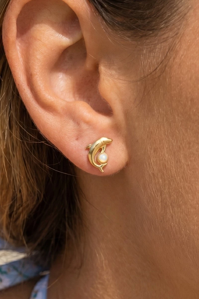 Gold Dipped Dolphin And Opal Stud Earrings