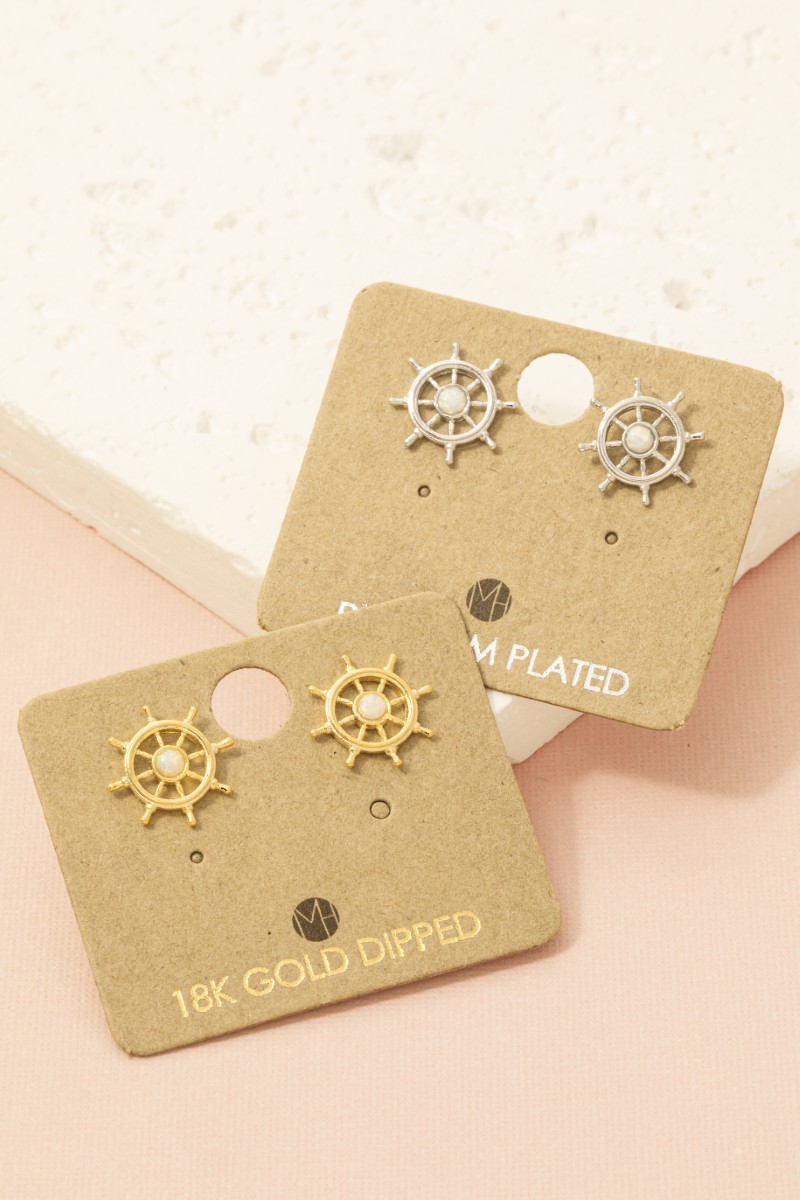 Gold Dipped Opal Stud Ship Wheel Stud Earrings