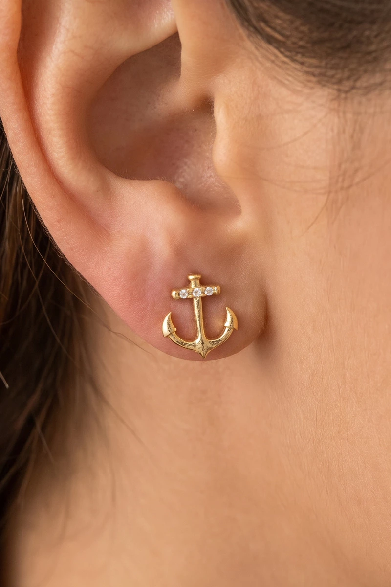 18K Gold Dipped Cz Anchor Stud Earrings