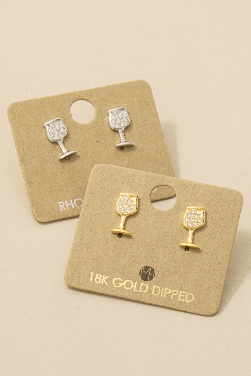 Gold Dipped Mini Pave Wine Glass Stud Earrings