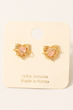 Intricate Metallic Set Halo Cz Heart Stud Earrings