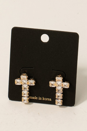 Square Faceted Glass Gems Cross Stud Drop Earrings