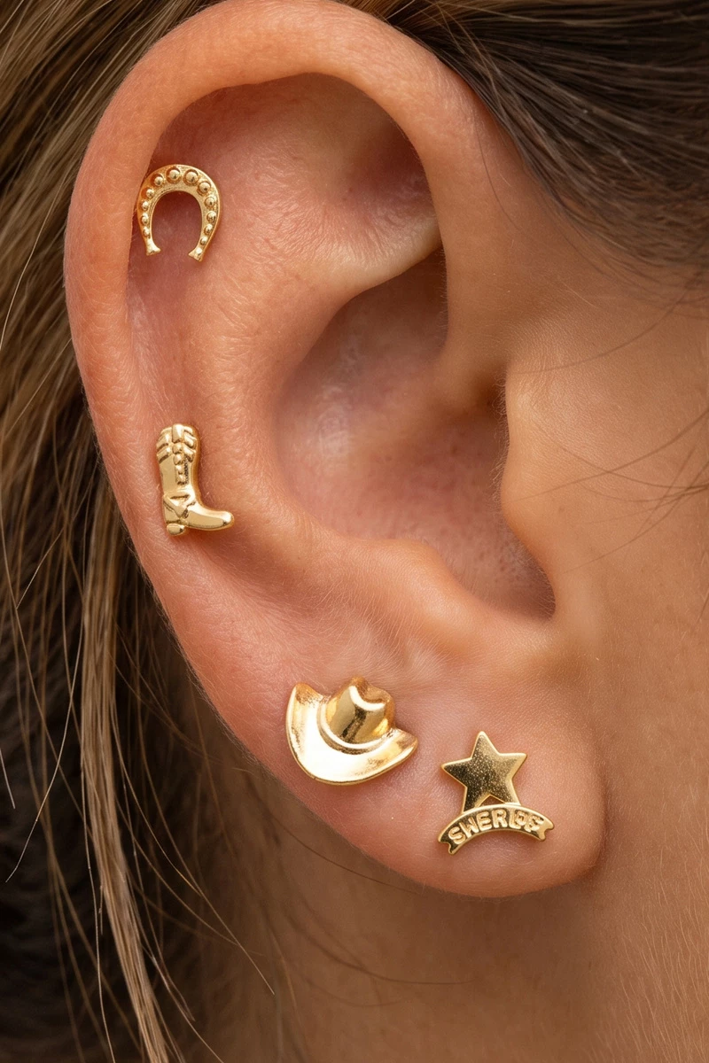 18K Gold Dipped Western Cowboy Stud Earring Set
