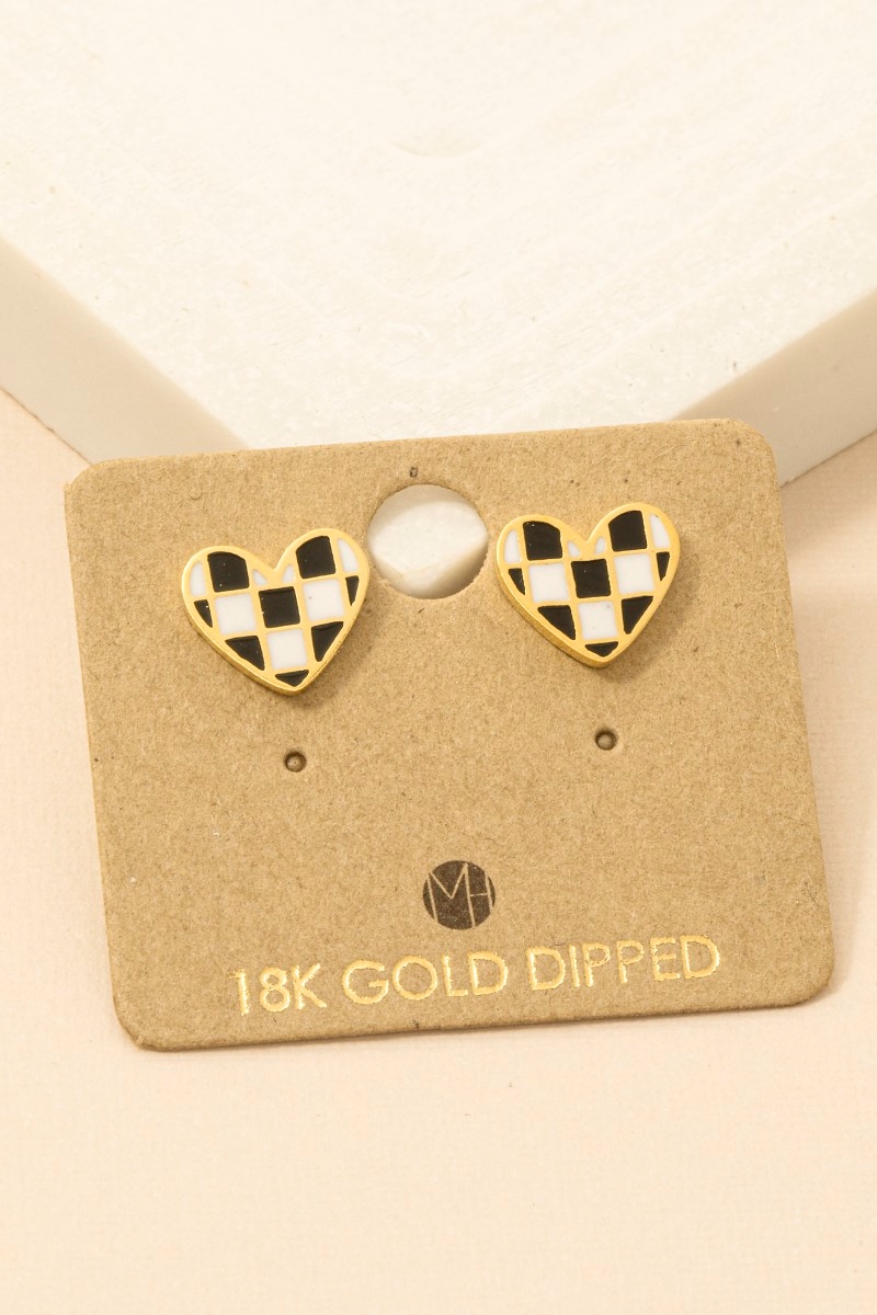 Gold Dipped Epoxy Checkered Heart Stud Earrings