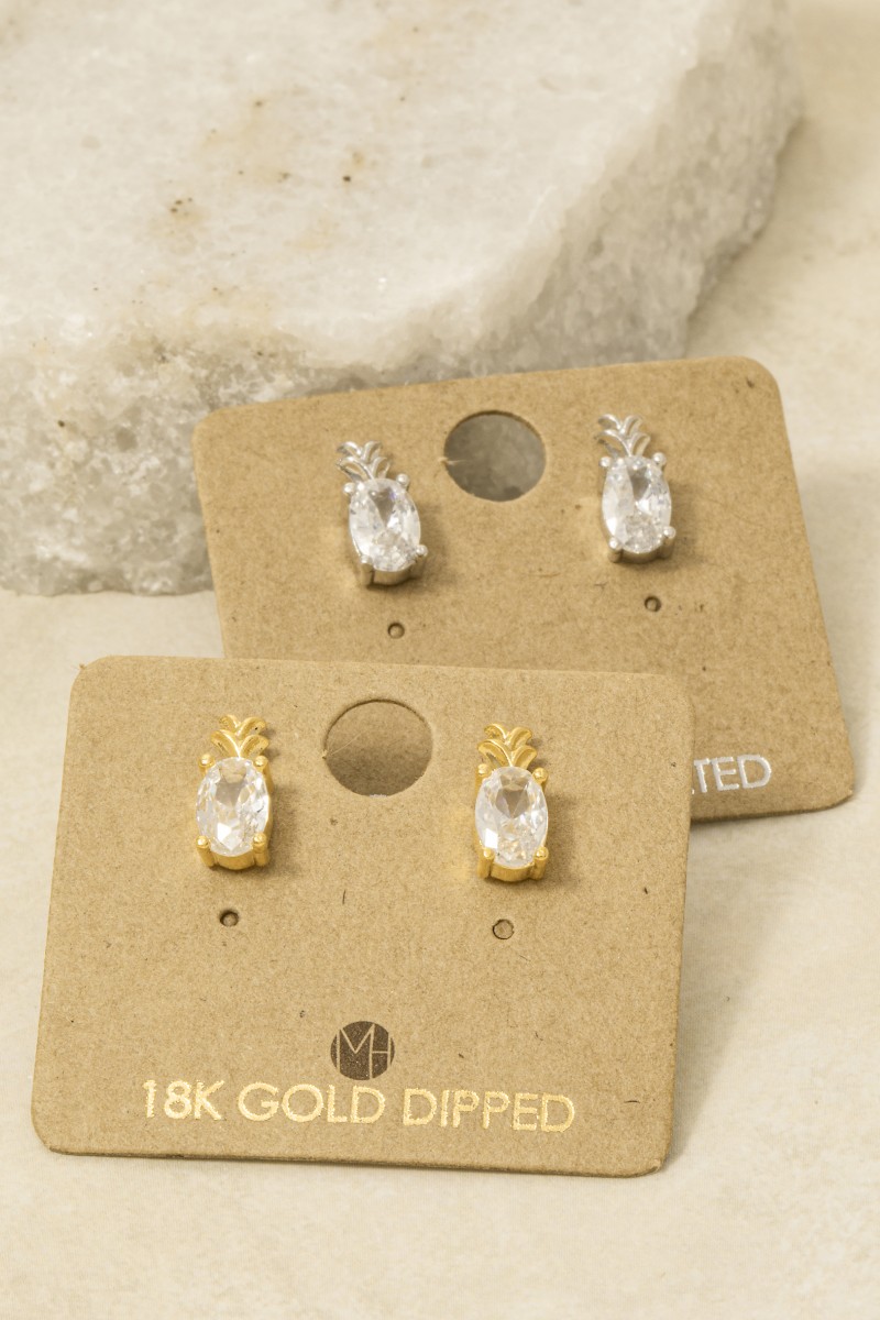 Gold Dipped Cz Pineapple Stud Earrings