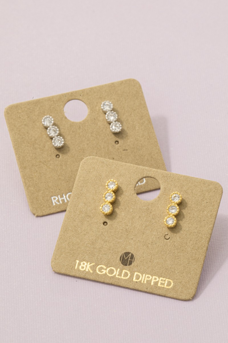 Gold Dipped Cz Triple Stud Bar Stud Earrings