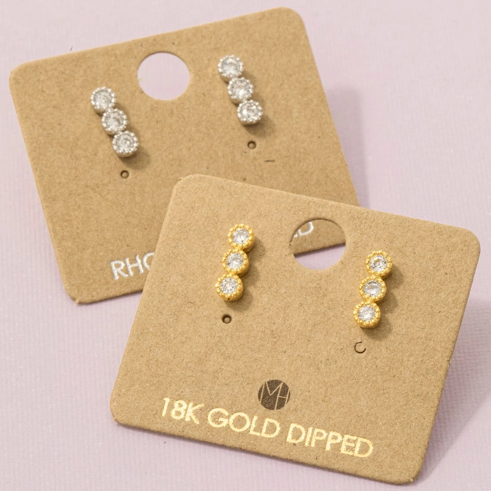 Gold Dipped Cz Triple Stud Bar Stud Earrings