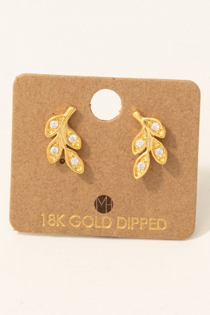 Gold Dipped Cz Leaves Stud Earrings