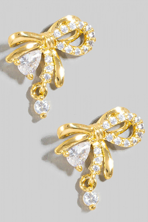 Cz Ribbon Bow And Charm Stud Earrings