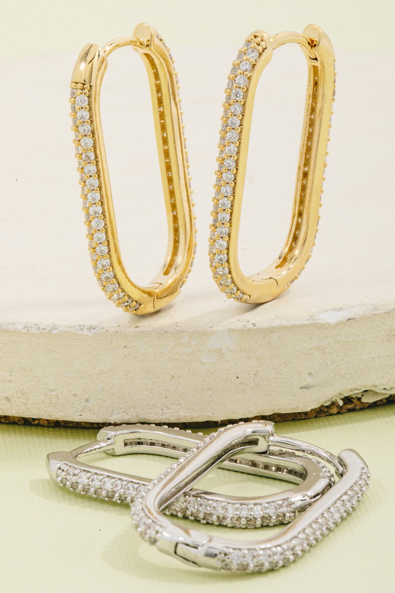 Cz Pave Oval Hinge Hoop Earrings