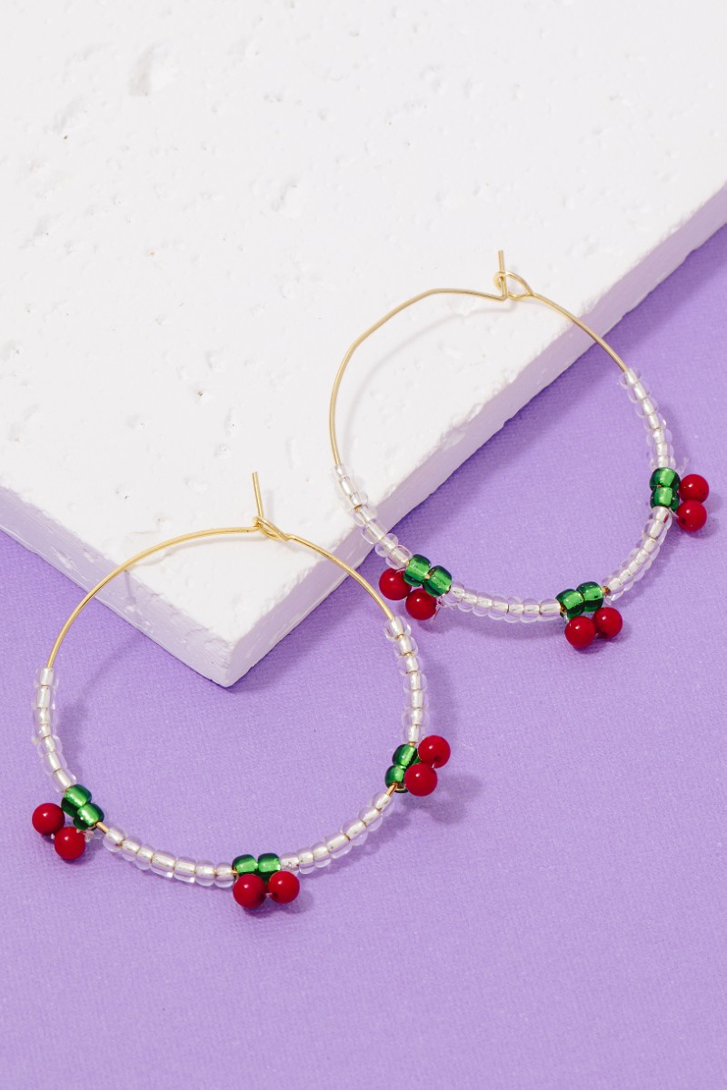 Beaded Cherry Station Hoop Earrings