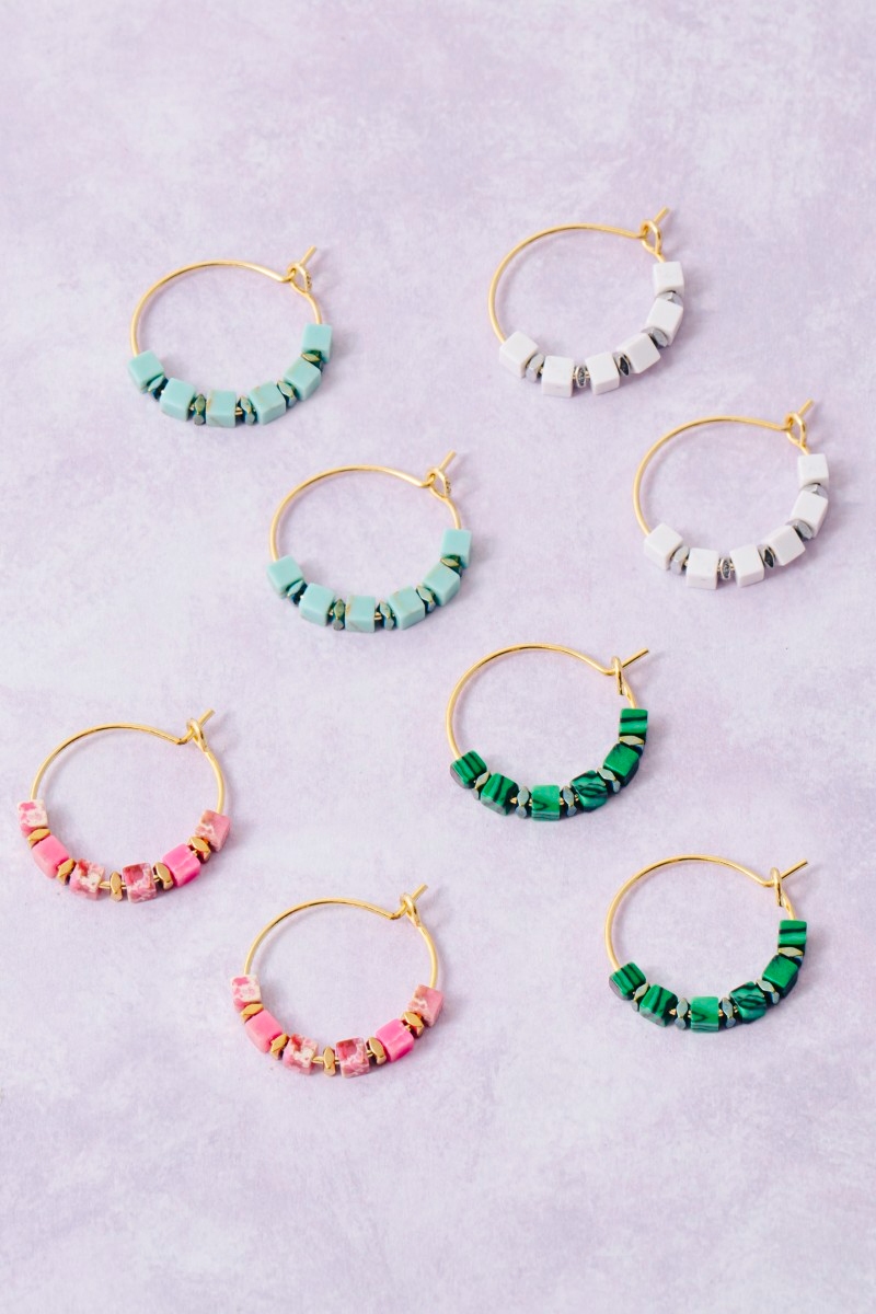 Stone Cube Beads Dainty Wire Hoop Earrings
