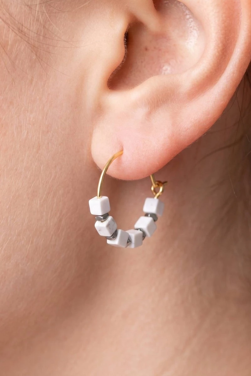 Stone Cube Beads Dainty Wire Hoop Earrings