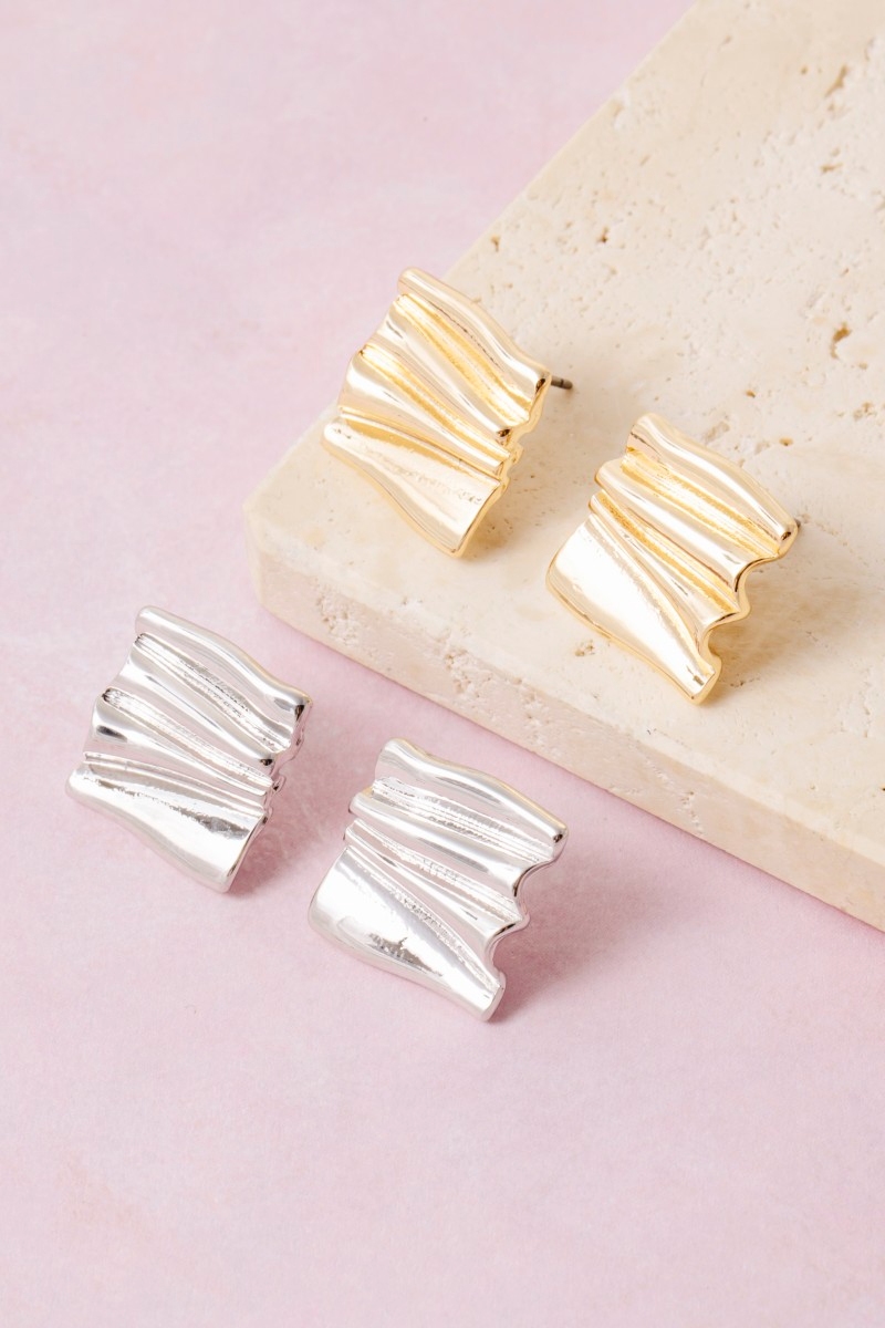 Metallic Ruffled Square Shield Stud Earrings