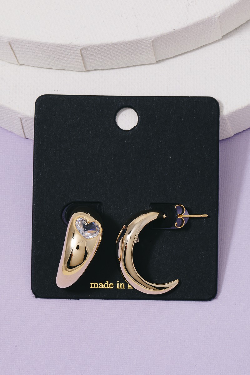 Cz Heart Crescent Hoop Earrings
