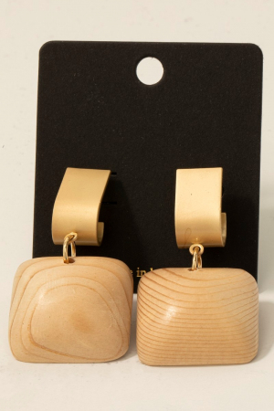 Wooden Square Medallion Charm Wide Hoop Earrings