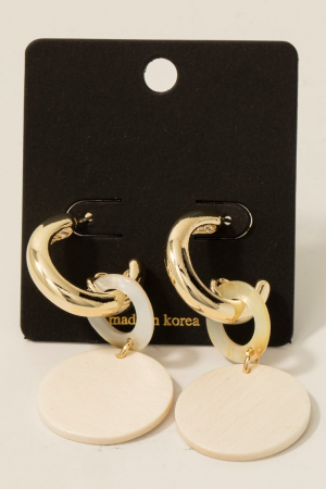 Wood And Shell Link Dangle Hoop Earrings