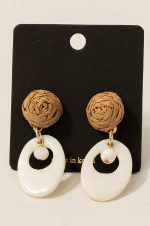 Rattan Dome And Shell Oval Dangle Earrings