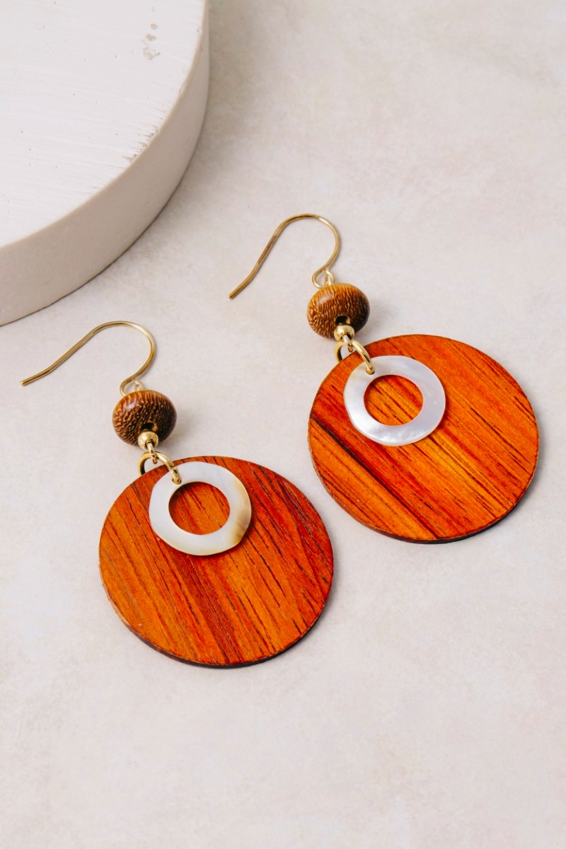 Wooden Disc And Bead Dangle Earrings
