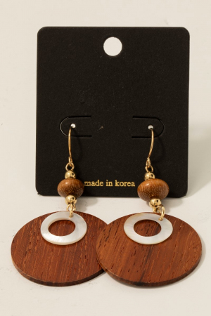 Wooden Disc And Bead Dangle Earrings
