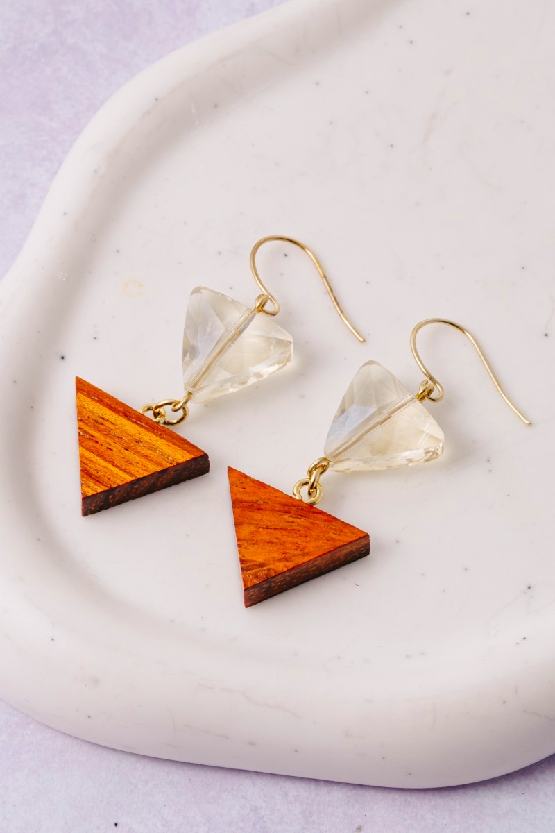 Wood And Glass Triangle Dangle Earrings