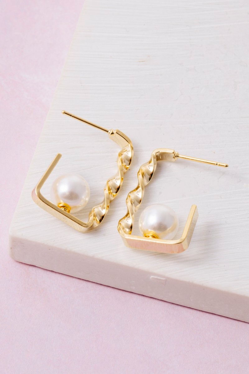 Pearl Bead Rectangle Hoop Earrings