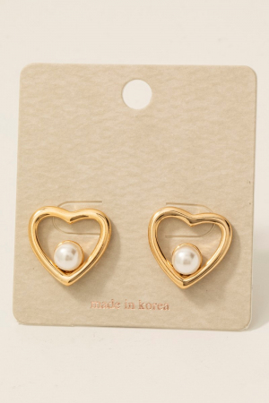 Heart And Pearl Bead Stud Drop Earrings