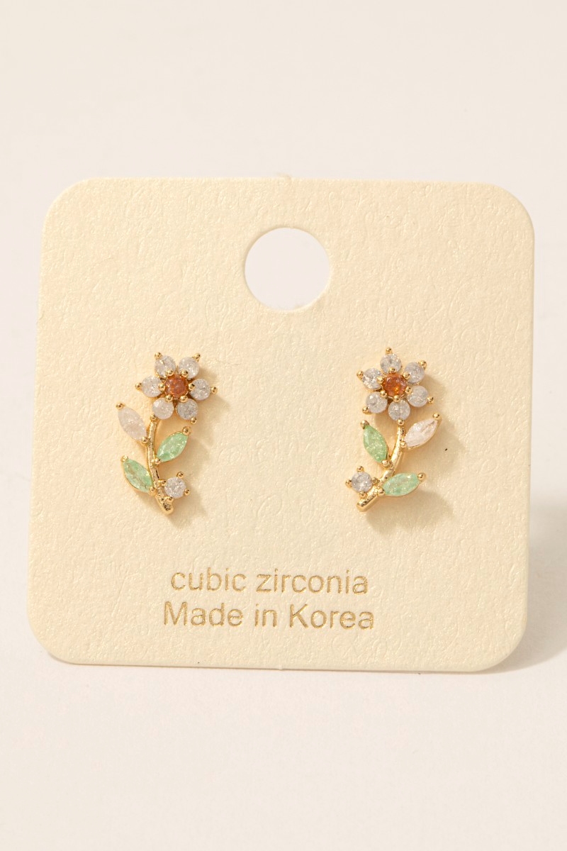 Gold Dipped Cz Flower Stud Earrings