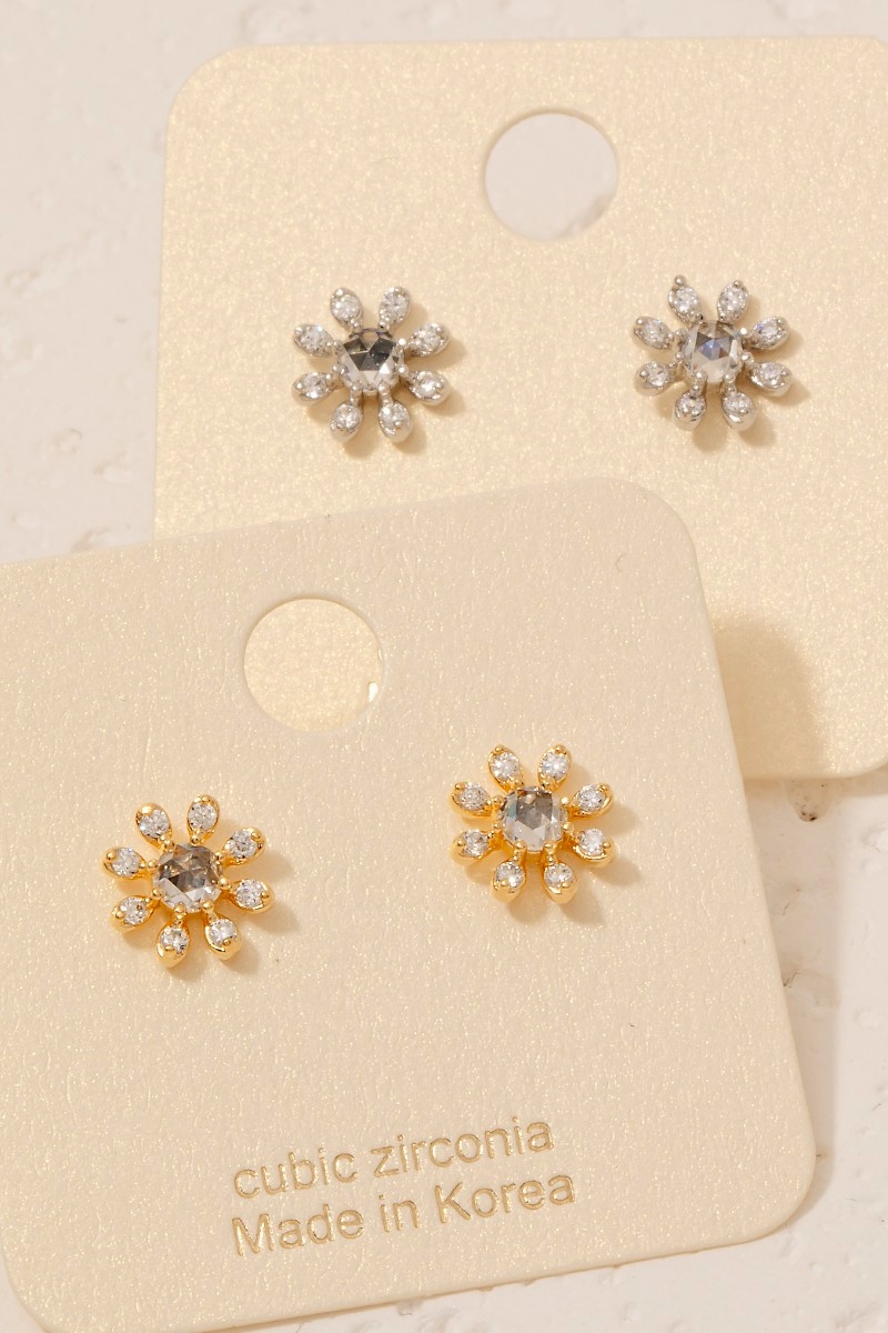 Gold Dipped Cz Flower Stud Earrings