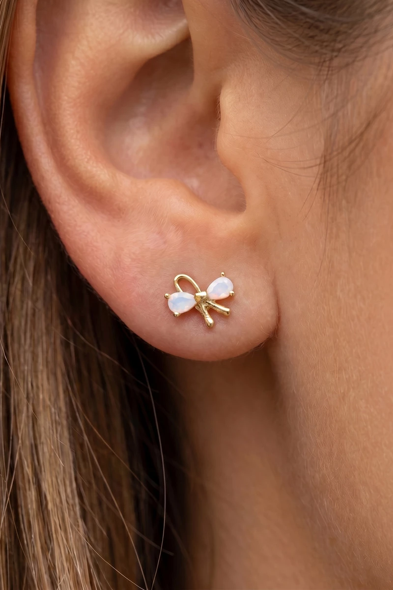 Opal Cz Ribbon Bow Stud Earrings