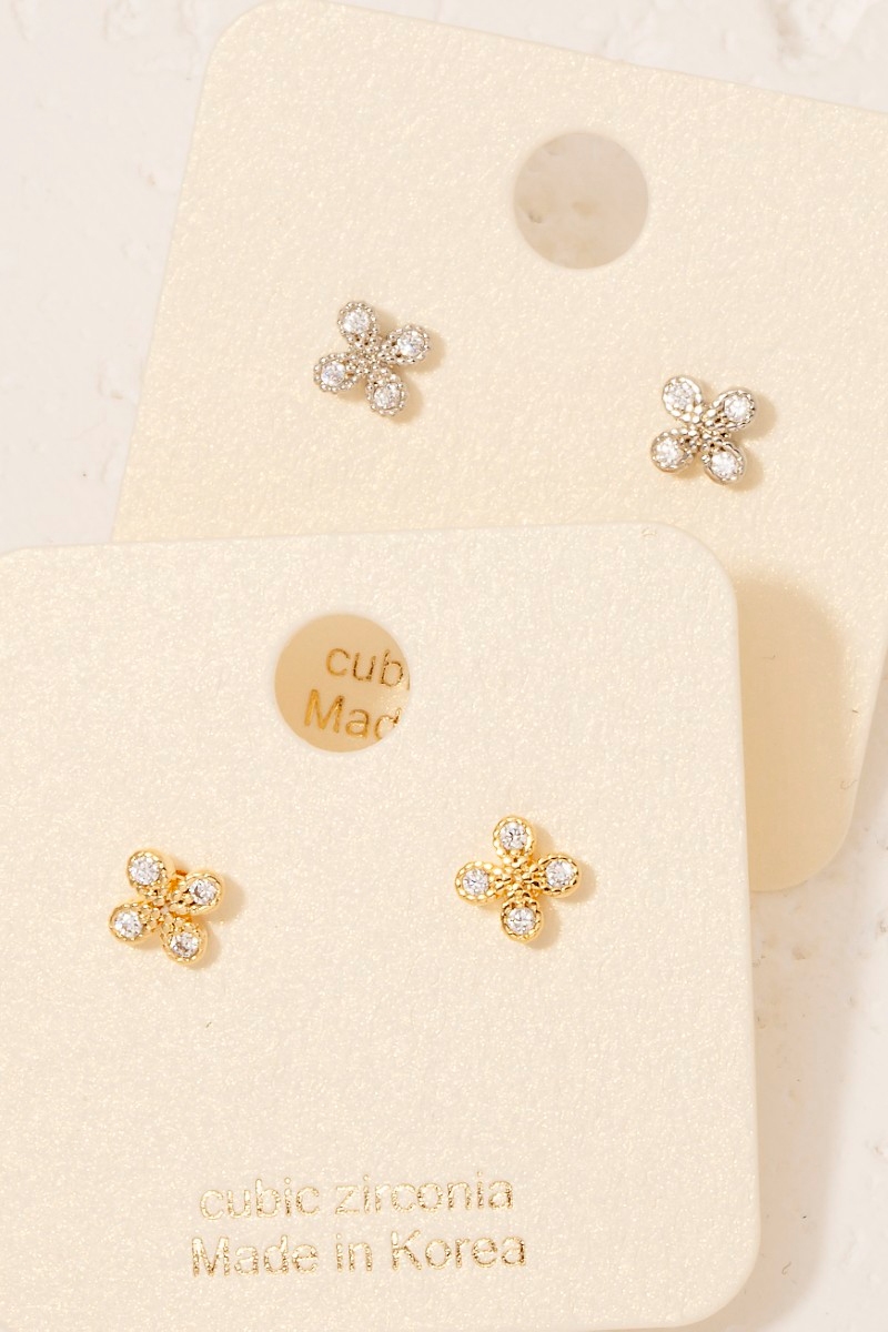 Gold Dipped Mini Cz Flower Clover Stud Earrings